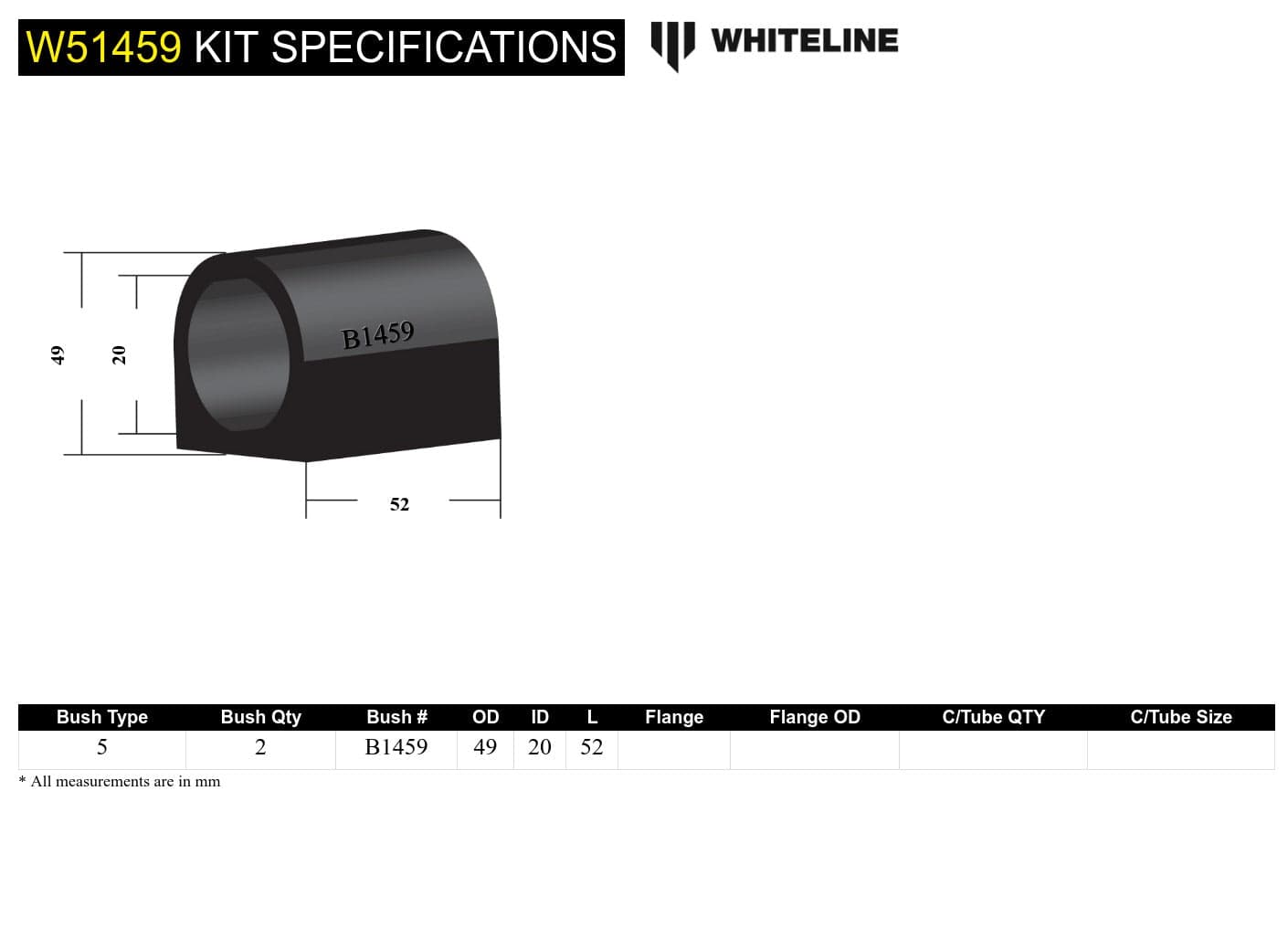 Whiteline 7 x 14 x 20 cm Front Control Arm Lower - Inner Rear Bushing Kit to Suit Holden Barina, Suzuki Baleno, Cultus and Swift SR