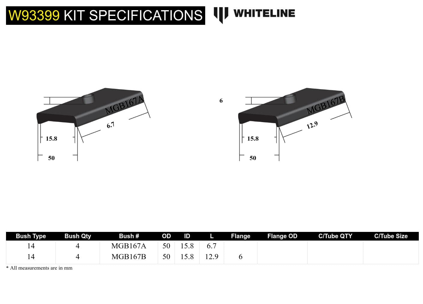 Whiteline 7 x 14 x 20 cm Front Crossmember - Bushing Kit to Suit MG MGB SR