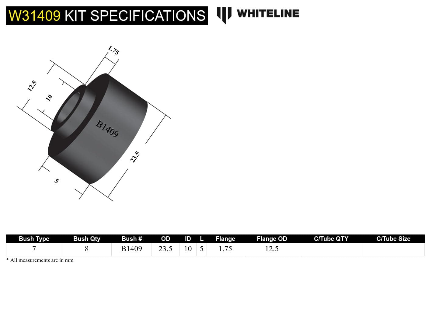 Whiteline 7 x 14 x 20 cm Front Shoc Absorber - Lower Bushing Kit to Suit Ford Falcon/Fairlane XK-XF and Mustang Classic SR