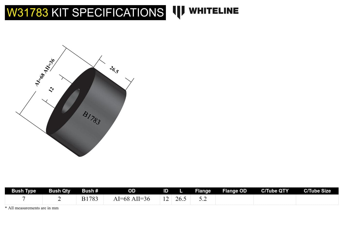 Whiteline 7 x 14 x 20 cm Front Shock Absorber - Upper Bushing Kit to Suit Ford Falcon/Fairlane EF, EL SR