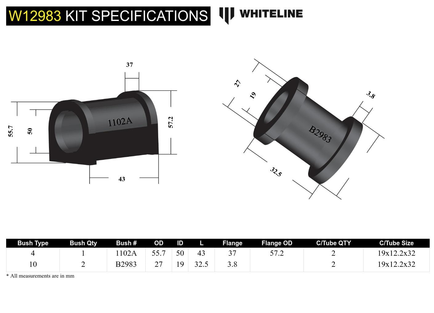 Whiteline 7 x 14 x 20 cm Front Steering ack and Pinion - Mount Bushing Kit to Suit Mitsubishi Magna TE-TW Fwd/Awd SR