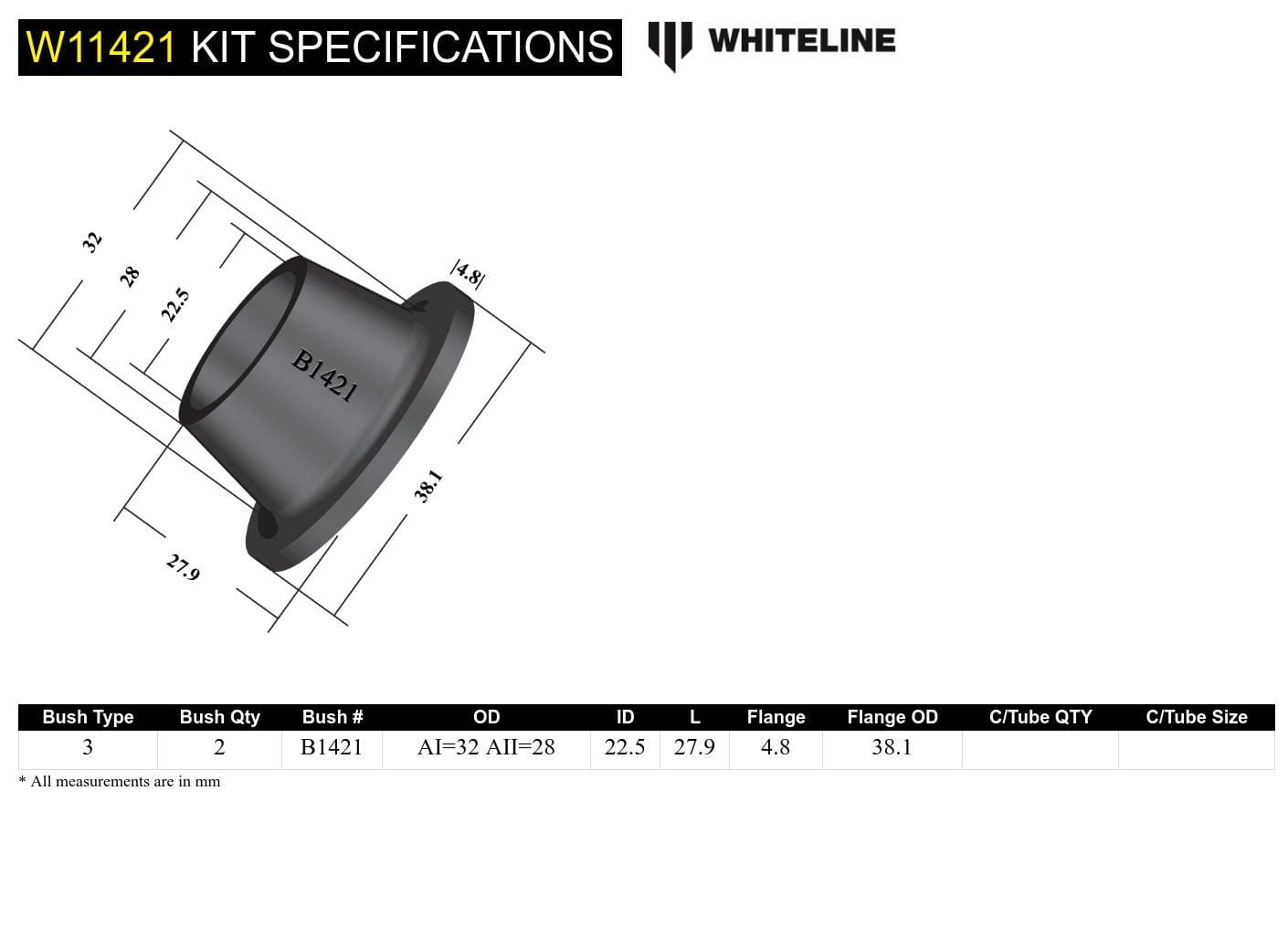 Whiteline 7 x 14 x 20 cm Front Steering Idler Arm - Bushing Kit to Suit Ford Courier, Ranger and Mazda B Series, BT-50 SR