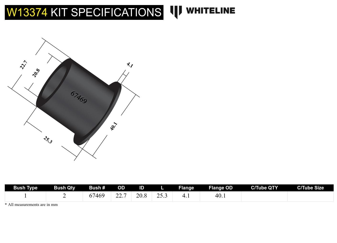 Whiteline 7 x 14 x 20 cm Front Steering Idler Arm - Bushing Kit to Suit Nissan Navara D22 4wd SR