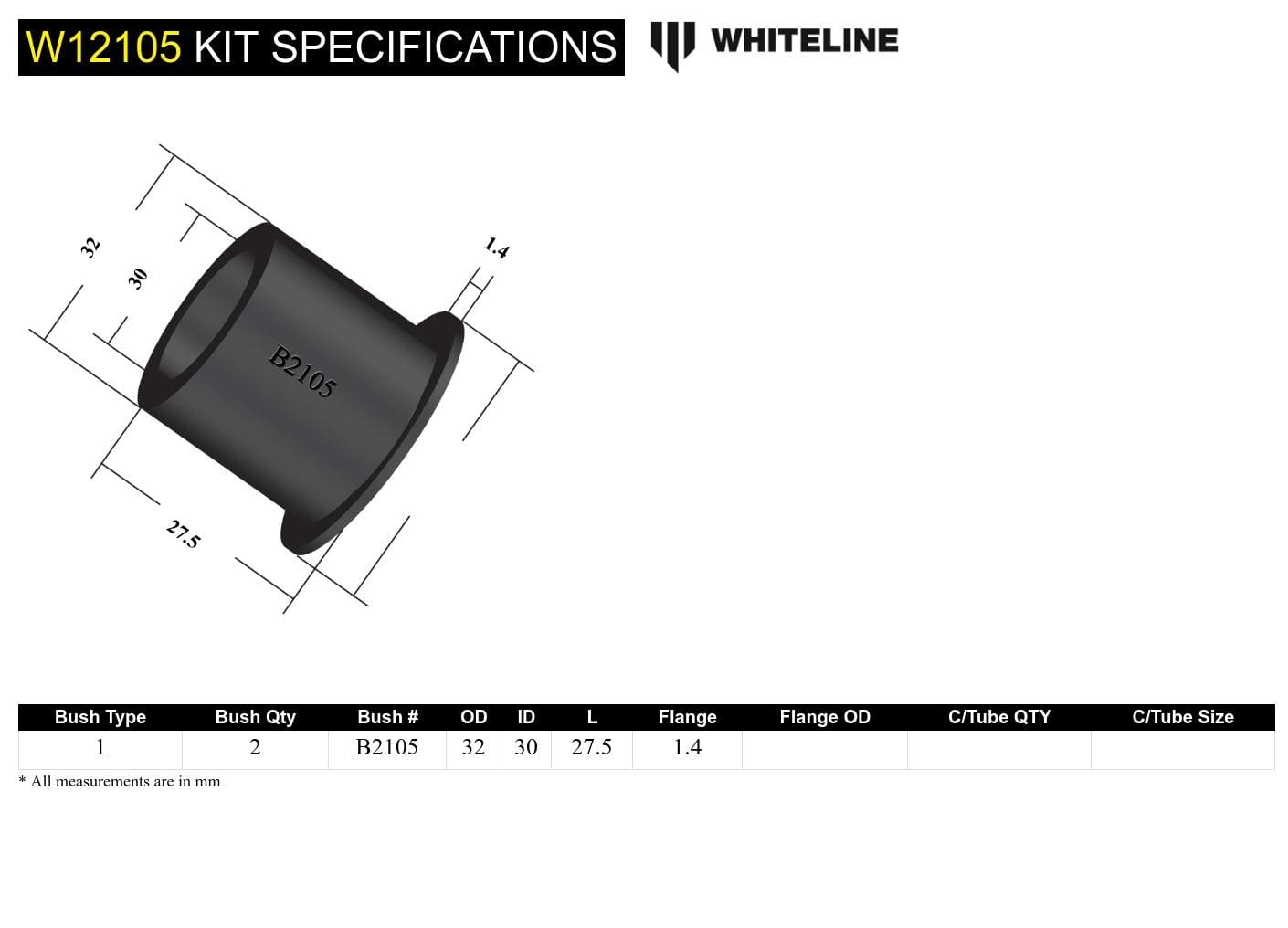 Whiteline 7 x 14 x 20 cm Front Steering Idler Arm - Bushing Kit to Suit Nissan Patrol MQ, MK and Urvan E23 SR
