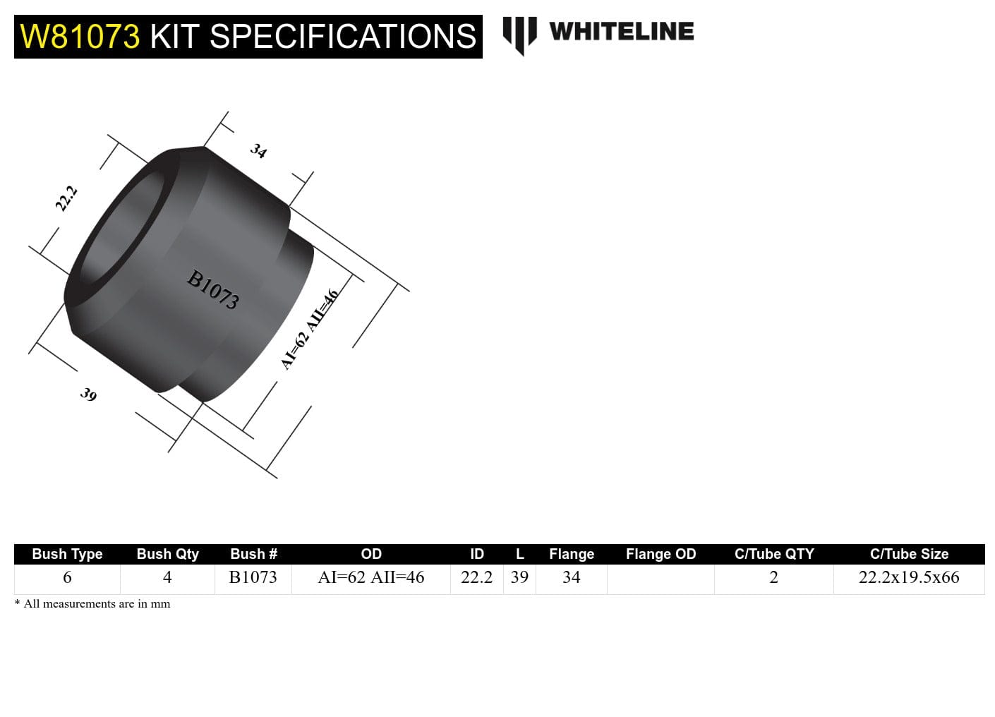 Whiteline 7 x 14 x 20 cm Front Strut Rod - To Chassis Bushing Kit to Suit Ford Cortina TE, TF and Falcon/Fairlane XC SR