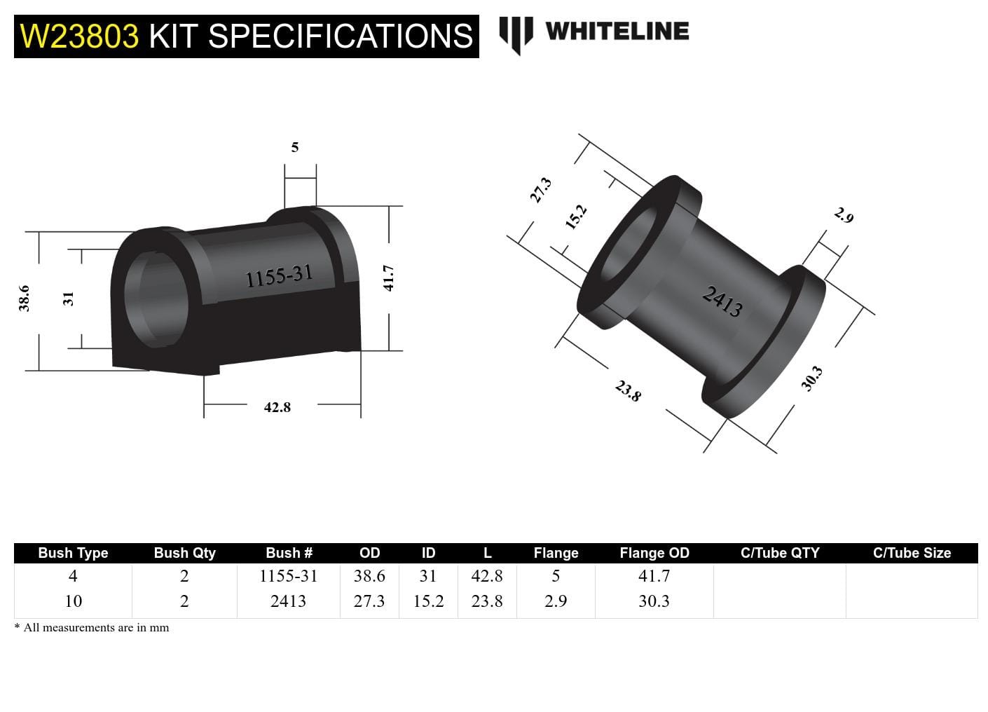 Whiteline 7 x 14 x 20 cm Front Sway Bar Mount and Link - Bushing Kit 31mm to Suit Toyota Land Cruiser 76, 78 and 79 Series SR