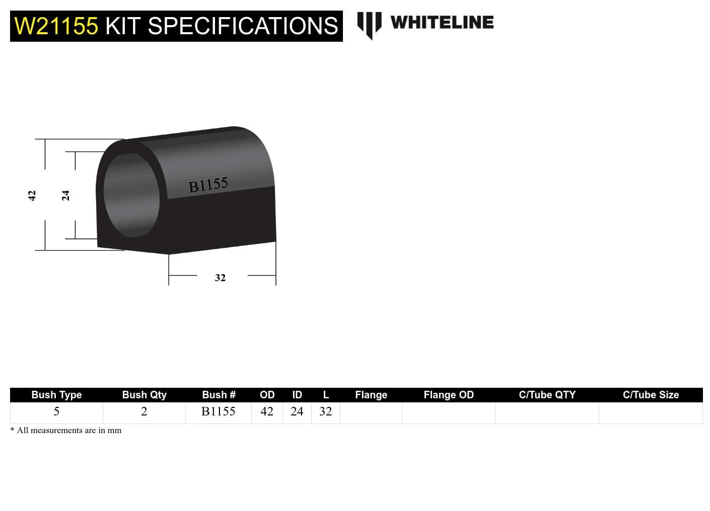 Whiteline 7 x 14 x 20 cm Front Sway Bar Mount - Bushing Kit 24mm to Suit Holden HX-WB SR