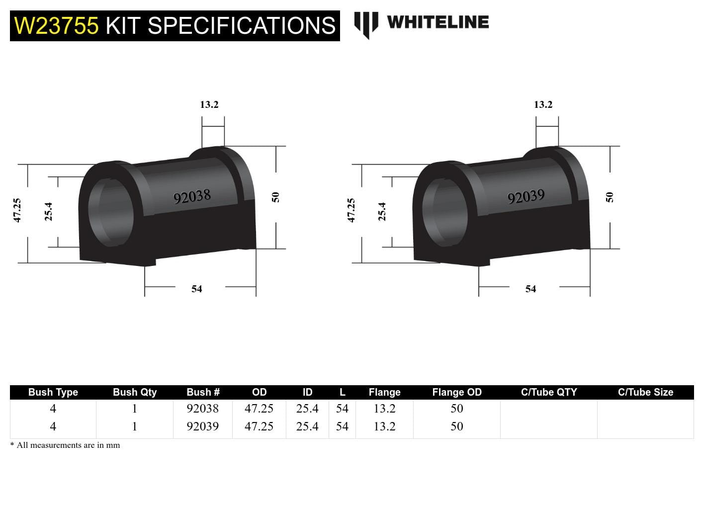 Whiteline 7 x 14 x 20 cm Front Sway Bar Mount - Bushing Kit 25.4mm to Suit Toyota Corolla, Prius and Rav 4 SR