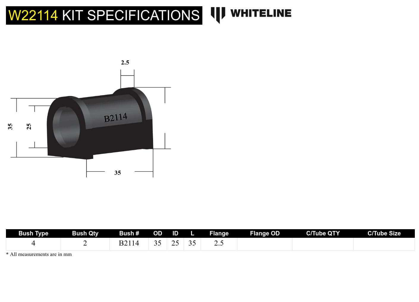 Whiteline 7 x 14 x 20 cm Front Sway Bar Mount - Bushing Kit 25mm to Suit Mitsubishi Triton ME-MJ 2wd SR