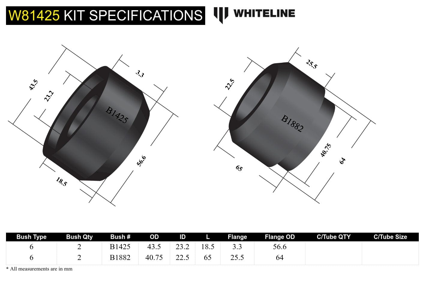 Whiteline 7 x 14 x 20 cm / Interconnect 2mm Front Leading Arm - To Chassis Bushing Kit to Suit Ford F Series F100, F150, F250 and F350 SR