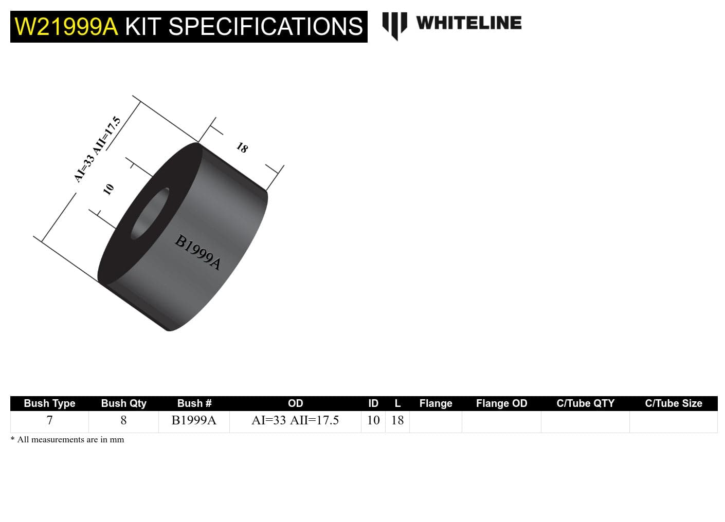 Whiteline 7 x 14 x 20 cm / OD=33, ID=10, L=20mm, locator OD=17mm (saucer shape) Front Sway Bar Link - Bushing Kit to Suit Holden Commodore VN-VX and HSV SR