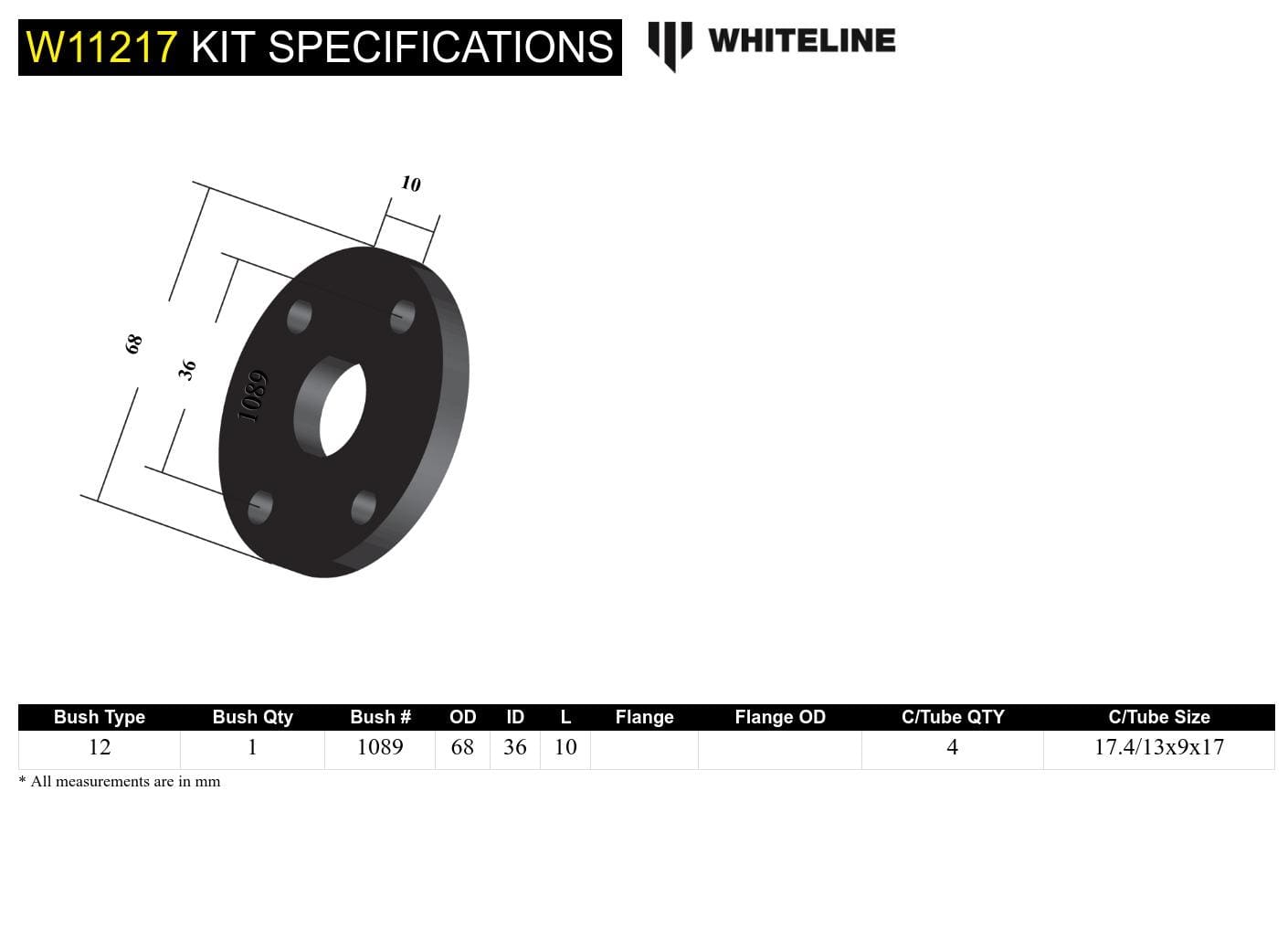 Whiteline 7 x 14 x 20 cm / OD=68, PCD=36, Thickness=10mm, Bolt Dia=9mm Front Steering Coupling - Bushing Kit to Suit Nissan Skyline and Pintara R31 SR