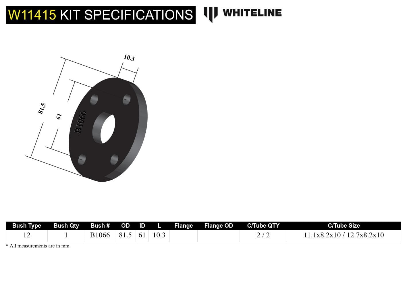 Whiteline 7 x 14 x 20 cm / OD=81.5, PCD=61, Thickness=10.3mm, Bolt Dia=5/16 Front Steering Coupling - Bushing Kit to Suit Ford Falcon/Fairlane XP-XF SR