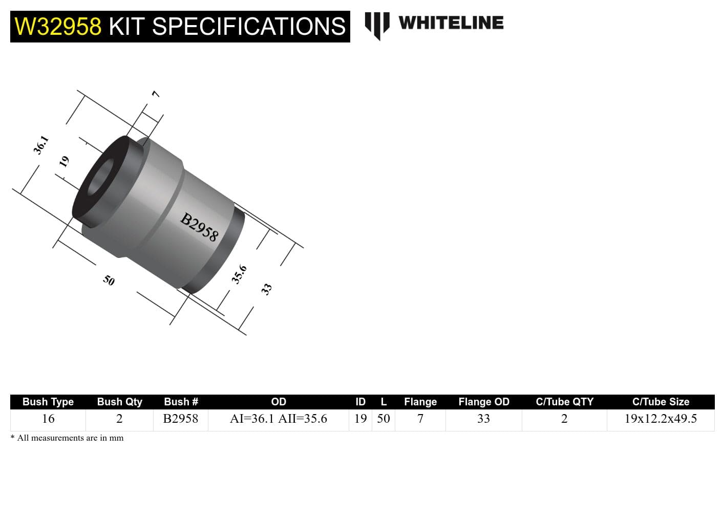 Whiteline 7 x 14 x 20 cm / OEM design Rear Shock Absorber - To Control Arm Bushing Kit to Suit Mitsubishi Lancer Evo IV-IX SR