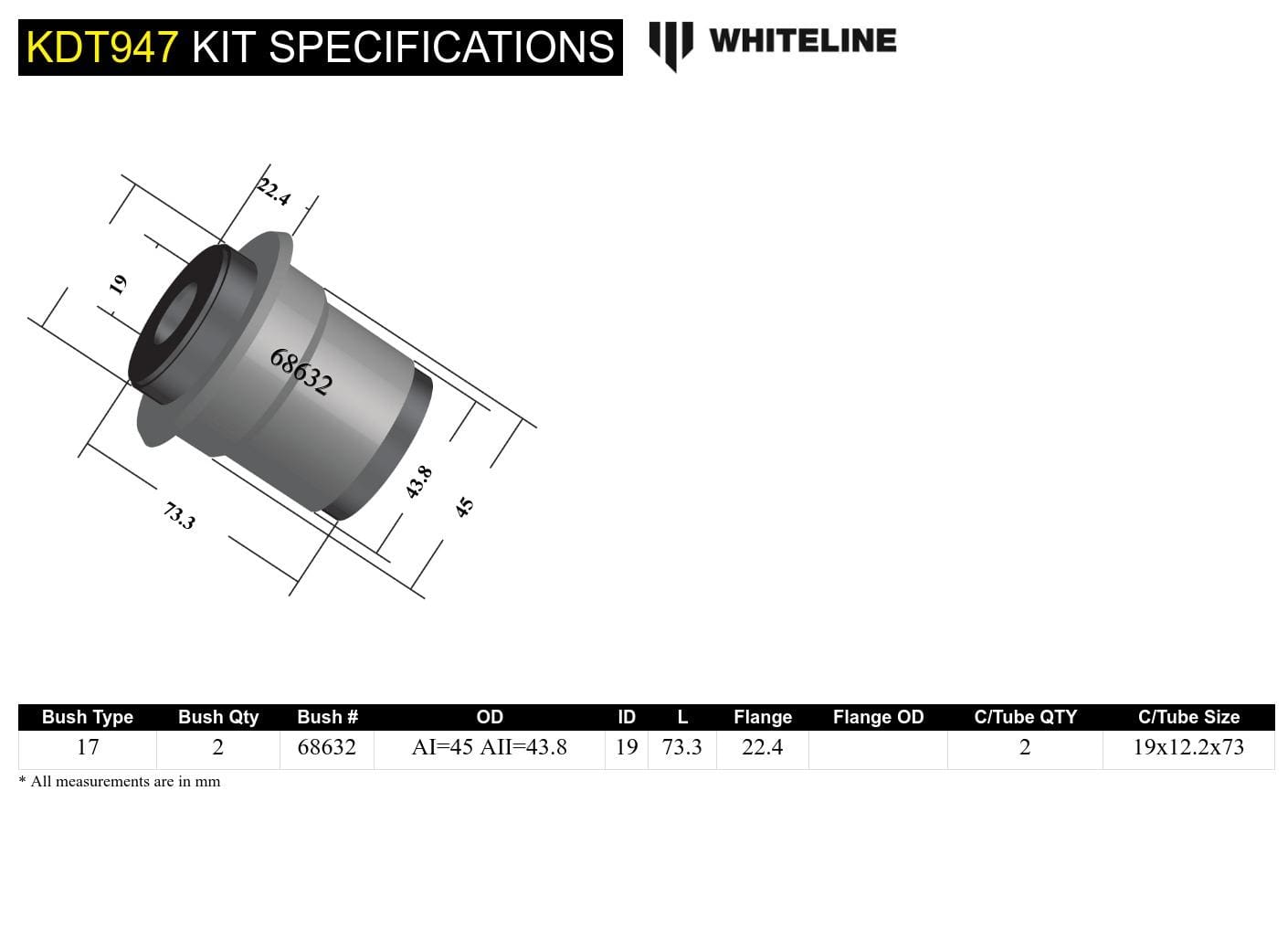 Whiteline 7 x 14 x 20 cm Rear Beam Axle - Bushing Kit to Suit Renault Clio Series II SR