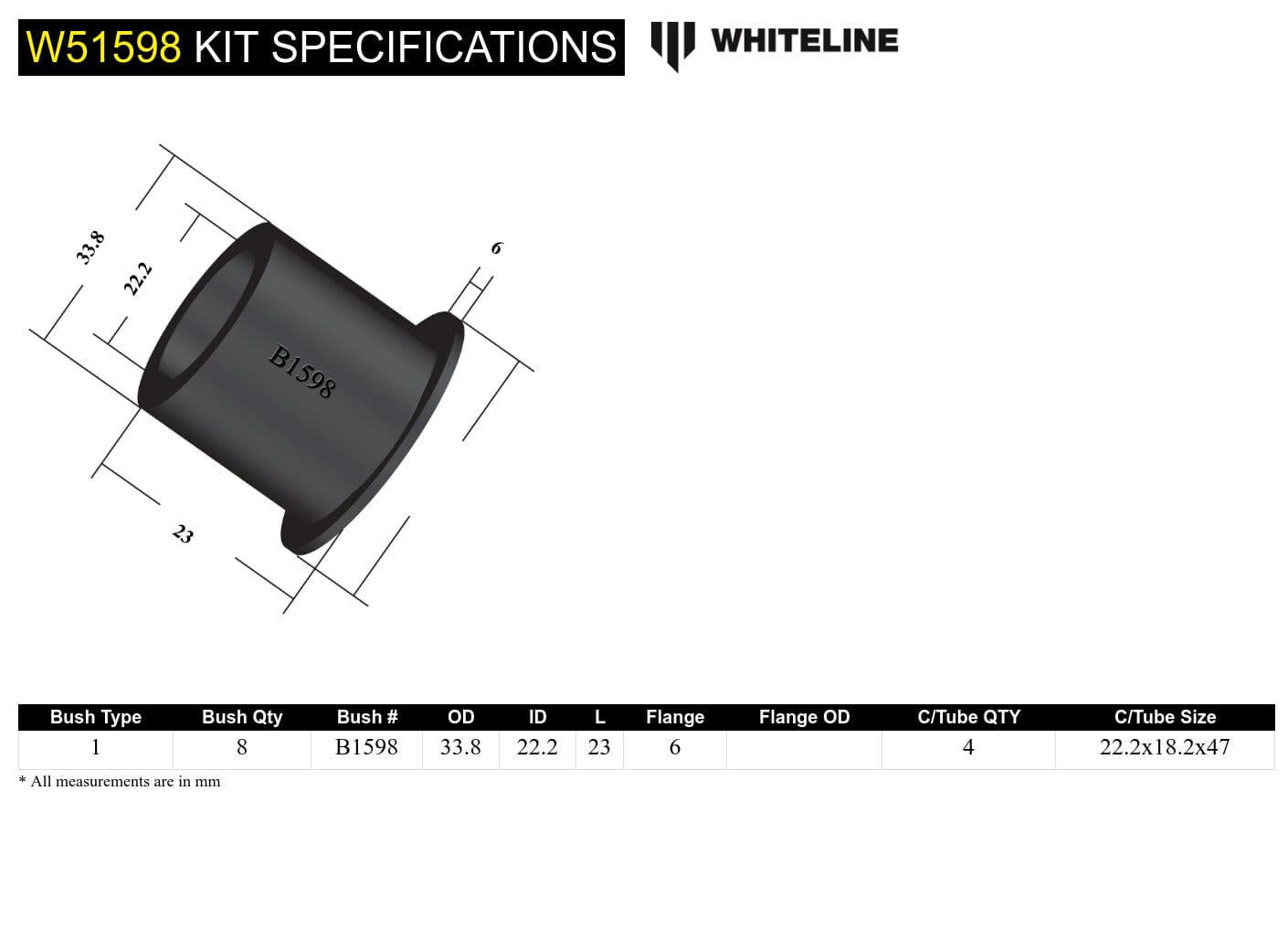 Whiteline 7 x 14 x 20 cm Rear Control Arm Lower - Outer Bushing Kit to Suit Mitsubishi Starion JA, JB, JD SR