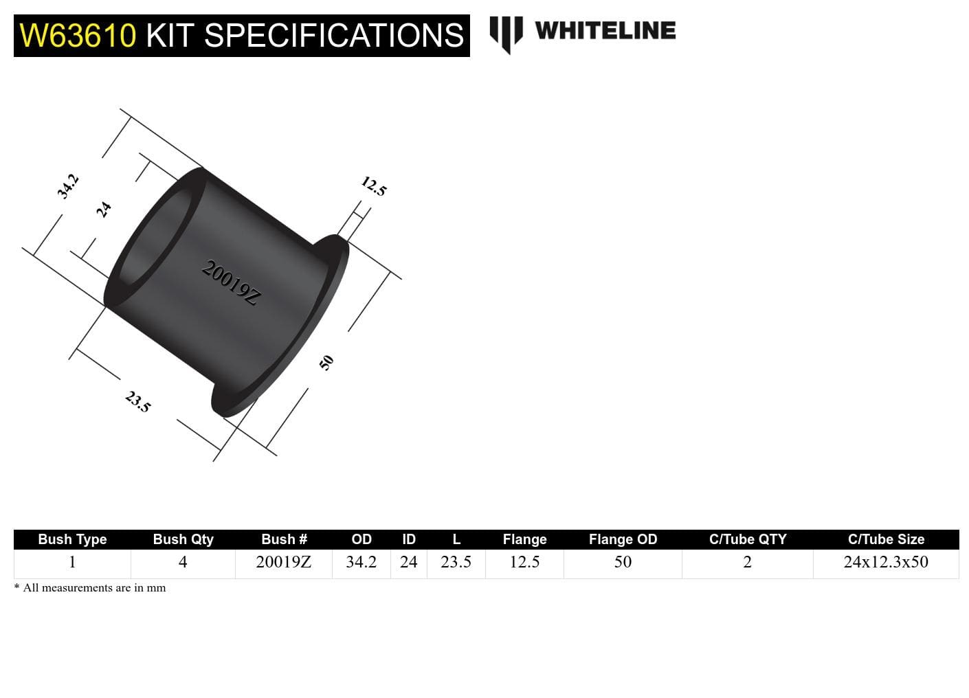 Whiteline 7 x 14 x 20 cm Rear Control Arm Lower Rear - Outer Bushing Kit to Suit Subaru Forester, Impreza, Liberty and Outback SR