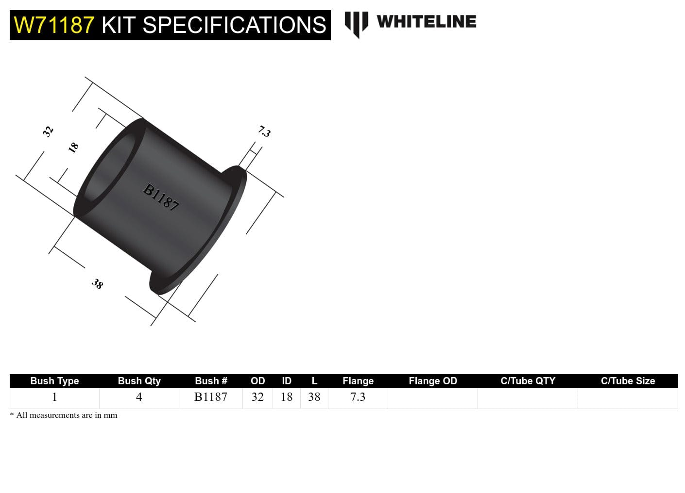 Whiteline 7 x 14 x 20 cm Rear Leaf Spring - Bushing Kit to Suit Ford Econovan SB-SH and Mazda E Series SR