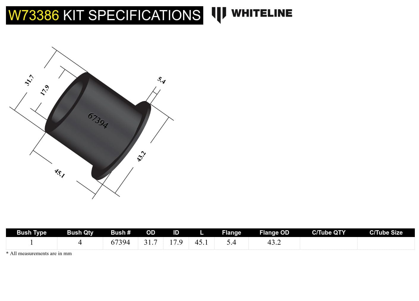 Whiteline 7 x 14 x 20 cm Rear Leaf Spring - Shackle Bushing Kit to Suit Ford Ranger PJ, PK and Mazda BT-50 UN 2wd/4wd SR