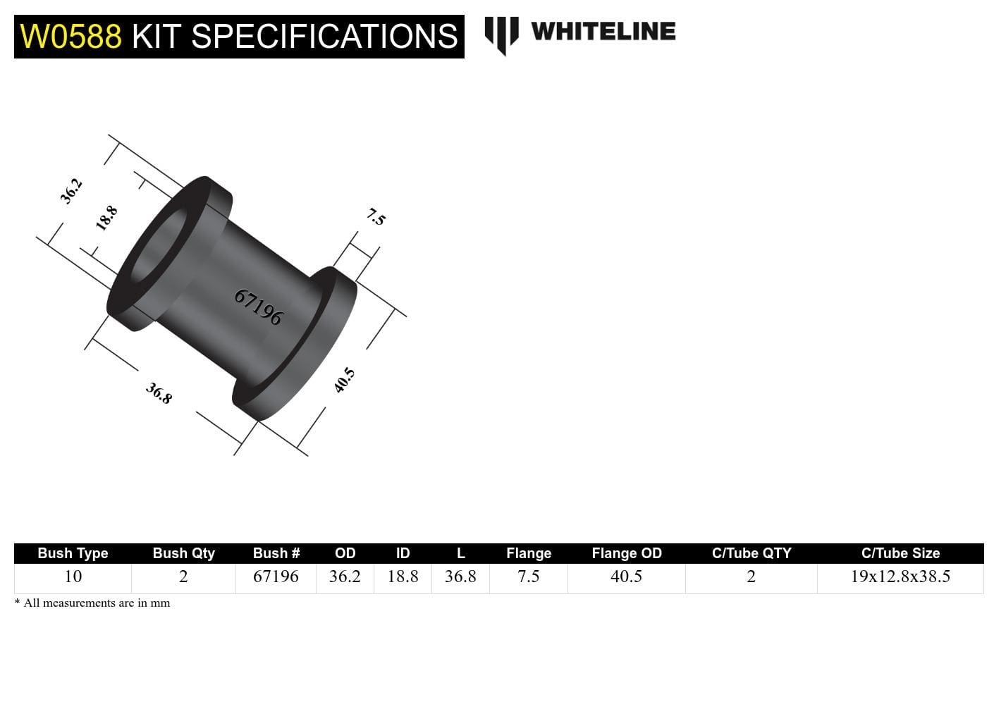 Whiteline 7 x 14 x 20 cm Rear Toe Arm Inner - Bushing Kit to Suit Mitsubishi Lancer Evo IV-IX SR