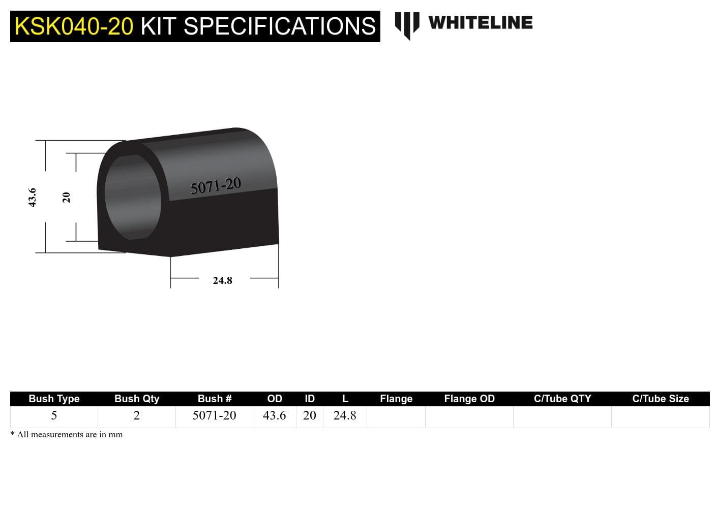 Whiteline 7 x 14 x 20 cm / Service kit - suits Whiteline sway bars Front Sway Bar Mount - Bushing Kit 20mm to Suit Whiteline Sway Bars SR