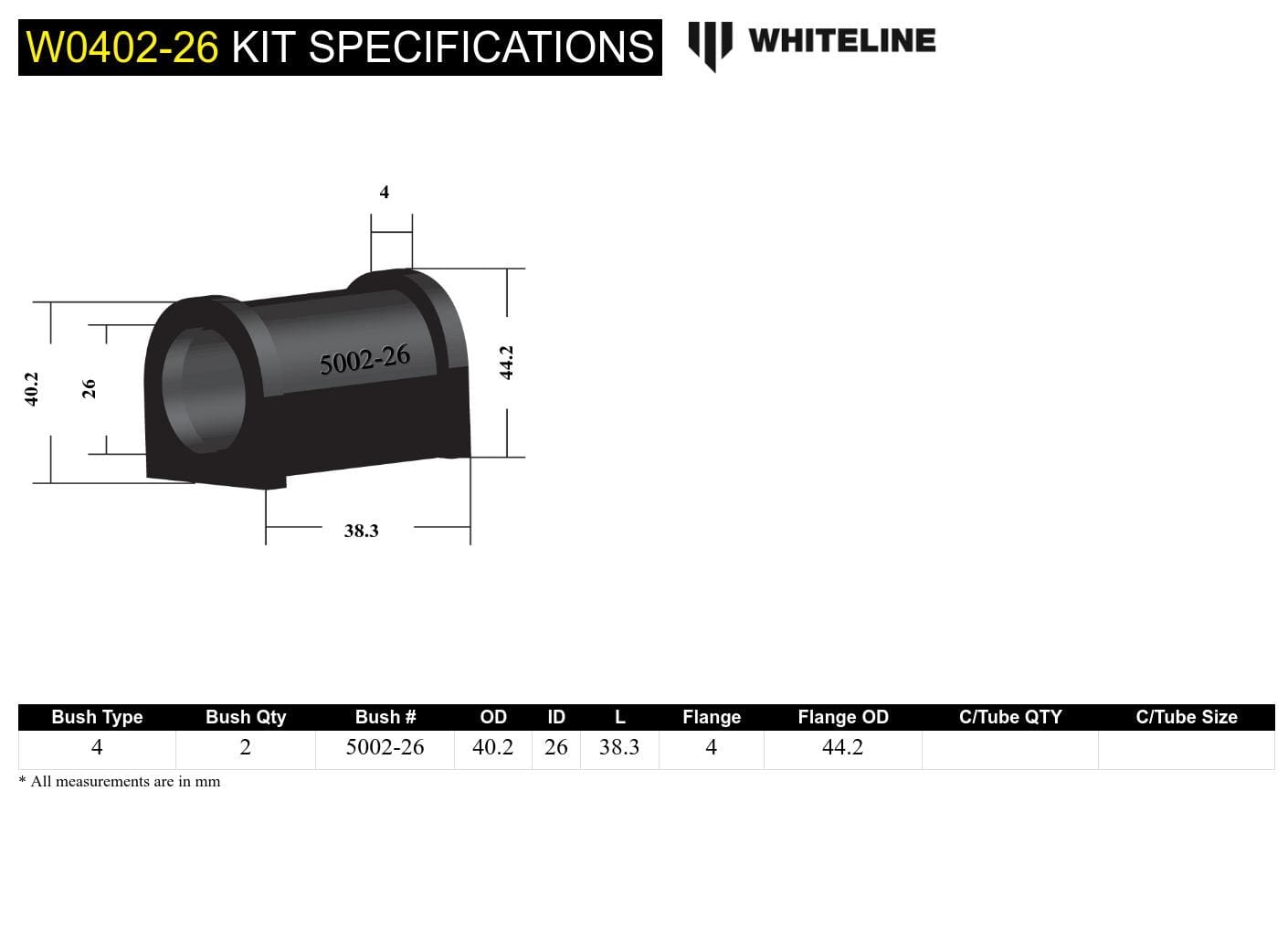 Whiteline 7 x 14 x 20 cm / Service kit - suits Whiteline sway bars Front Sway Bar Mount - Bushing Kit 26mm to Suit Hyundai I30 FD and Elantra HD SR