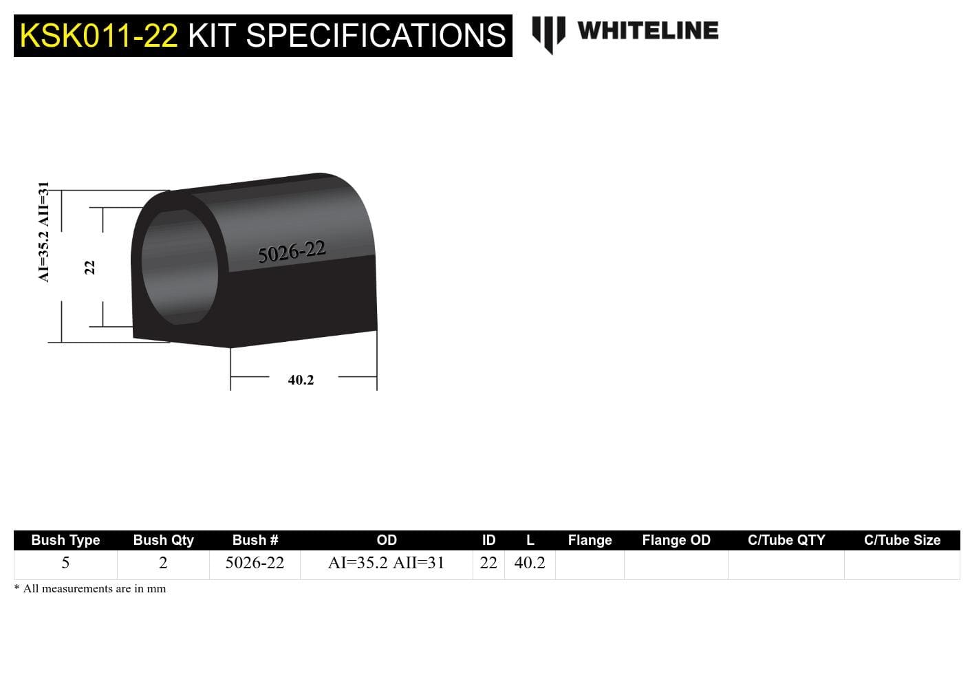 Whiteline 7 x 14 x 20 cm / Service kit - suits Whiteline sway bars Rear Sway Bar Mount - Bushing Kit 22mm to Suit Whiteline Sway Bars SR