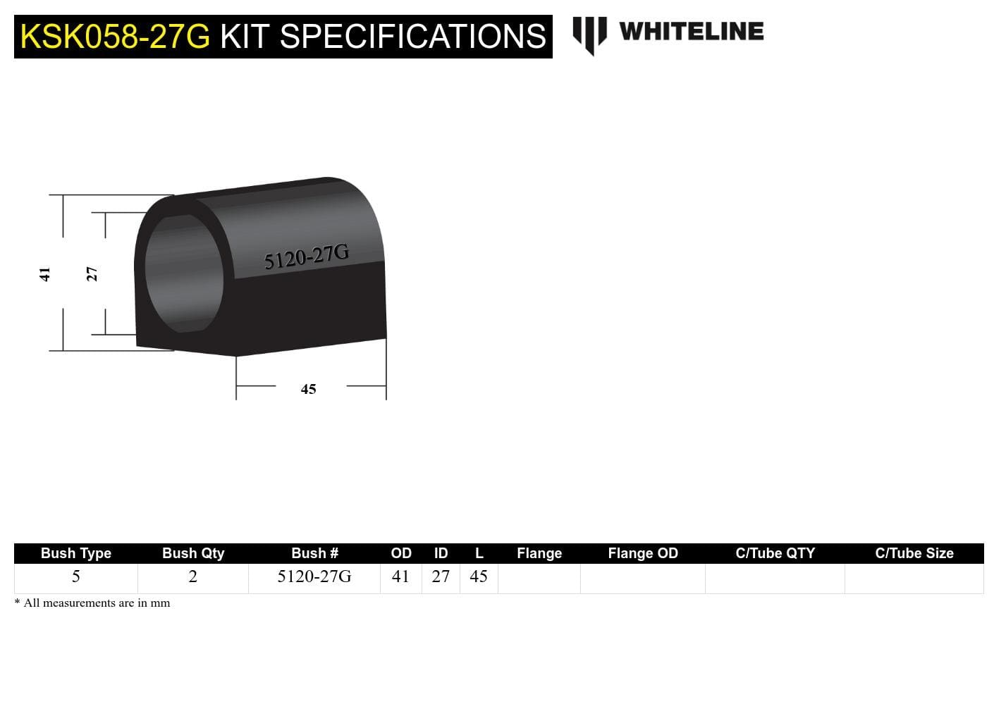 Whiteline 7 x 14 x 20 cm / Service kit - suits Whiteline sway bars Sway Bar Mount - Bushing Kit 27mm to Suit Whiteline Sway Bars SR