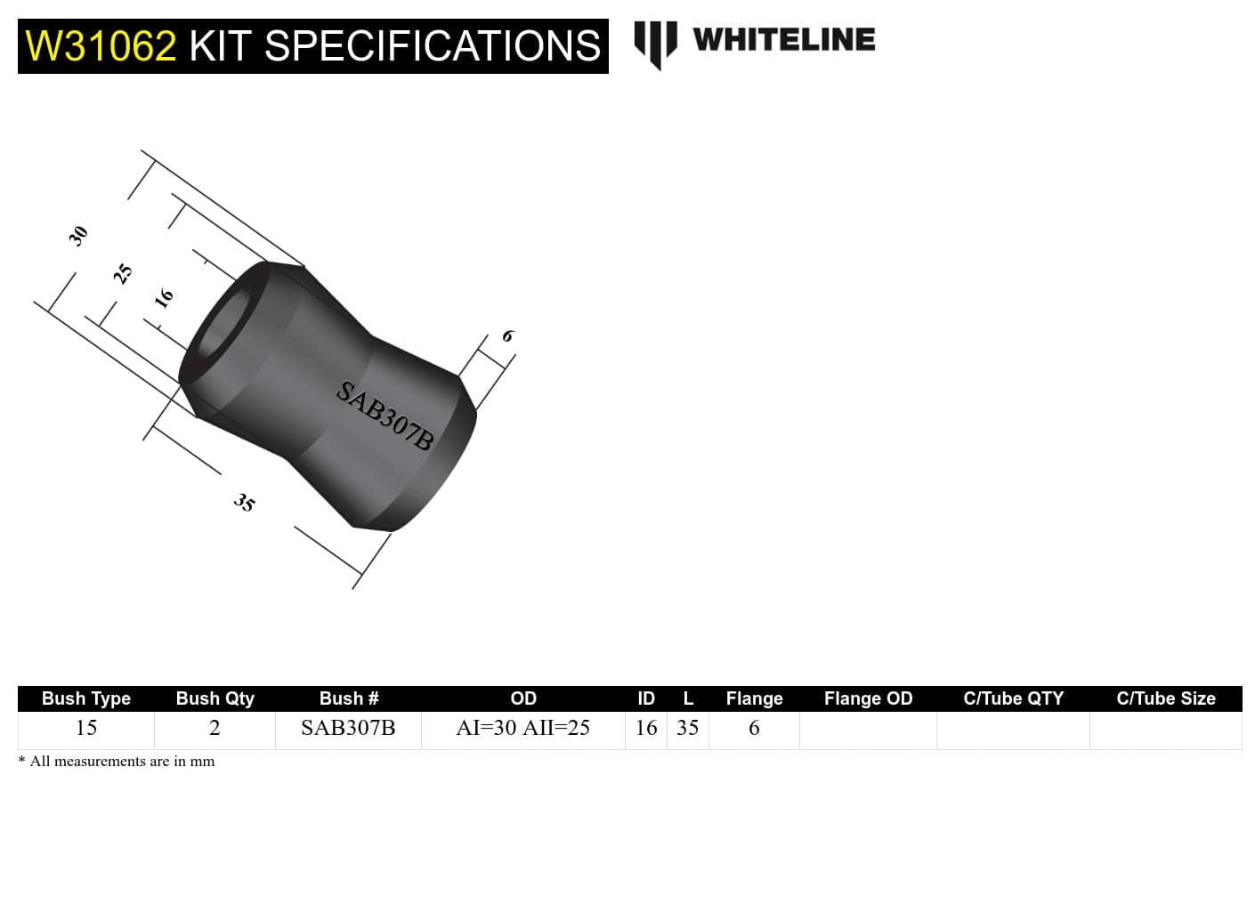 Whiteline 7 x 14 x 20 cm Shock Absorber - Bushing Kit to Suit Various Applications SR