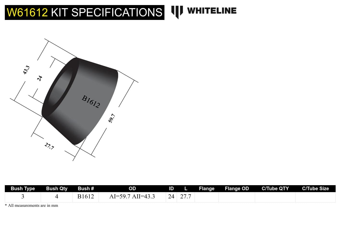 Whiteline 7 x 14 x 20 cm / Suits coil spring models 01/1991 - on Rear Trailing Arm Lower - Front Bushing Kit to Suit Mitsubishi Pajero NA-NL SR