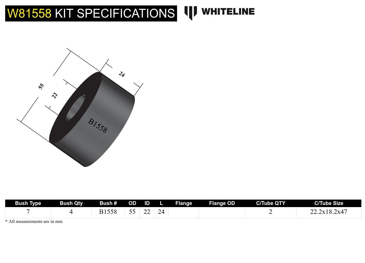 Whiteline 7 x 14 x 20 cm / Suits models to - 05/1994 with 18mm rod Front Strut Rod - To Chassis Bushing Kit to Suit Mazda RX-7 and Mitsubishi L300 SR