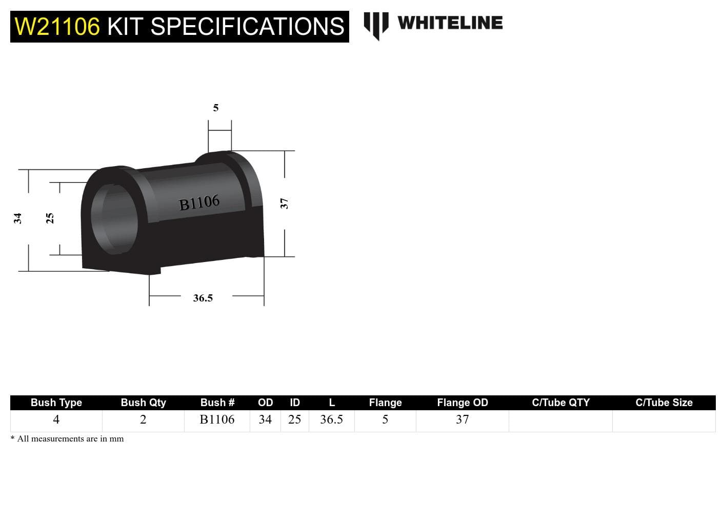 Whiteline 7 x 14 x 20 cm Sway Bar Mount - Bushing Kit 25mm to Suit Ford Falcon/Fairlane XE-EF SR