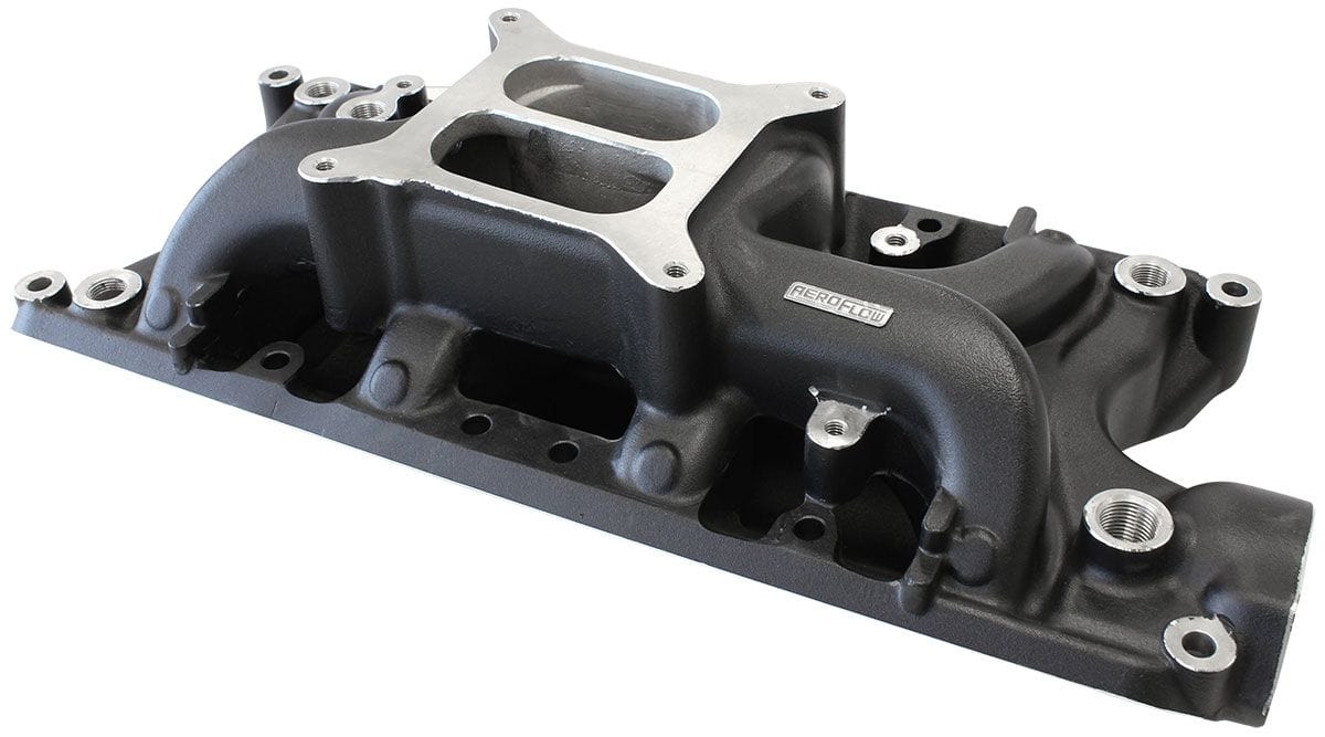 Aeroflow Performance 1500 - 6500 RPM, Square Bore Carburettor Pad, Non-EGR Aeroflow SB Ford 289-302 Windsor Air Gap Dual Plane Intake Manifold, Black Finish AF6210- SR