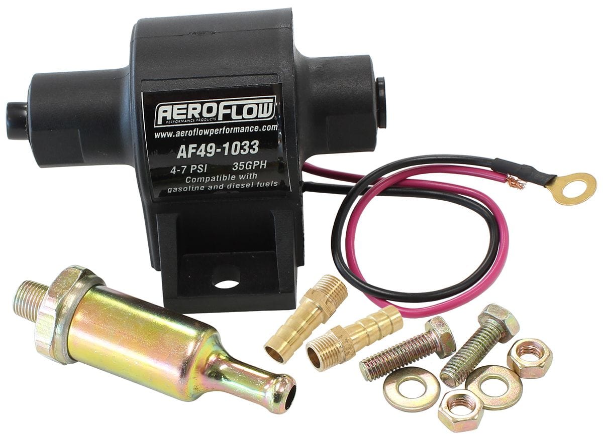 Aeroflow Performance 35 GPH @ 7 Psi, 1/8" NPT Inlet/Outlet With 100 Micron 5/16" Barb Fuel Aeroflow Low Pressure In-Line Carburettor Fuel Pump AF49-1033 SR