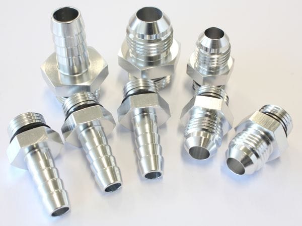 Aeroflow Performance -6 ORB to -6AN x 3, -8 ORB to -8AN, -6 ORB to 3/8" barb x 3, -8 ORB t Aeroflow Replacement Surge Tank Fittings in Silver Finish AF59-1016S SR
