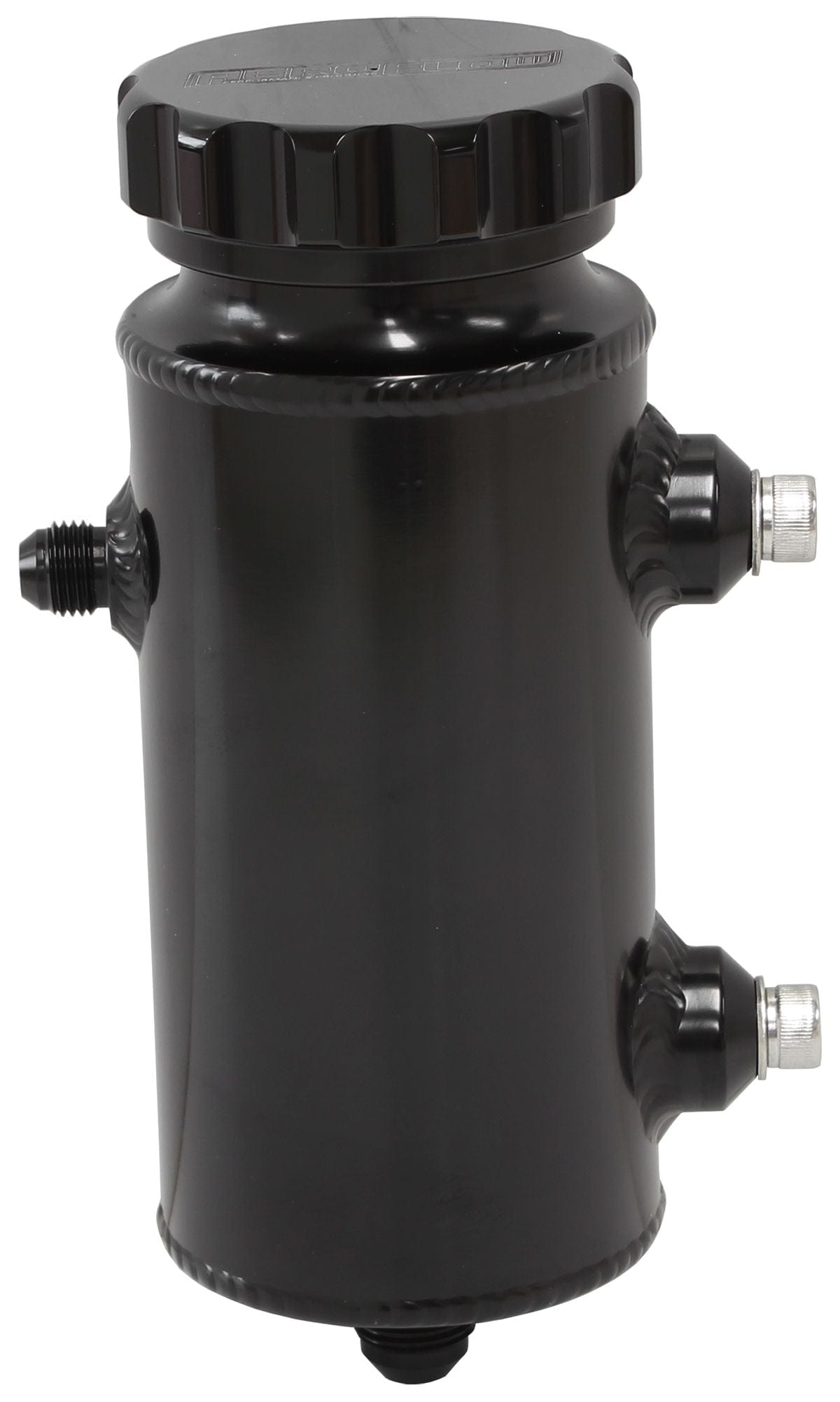 Aeroflow Performance 650ml capacity, 8" H x 3" Dia., -8AN Feed, -6AN Return, Black finish Aeroflow Universal Fabricated Alloy Power Steering Reservoir AF77-1014BLK SR