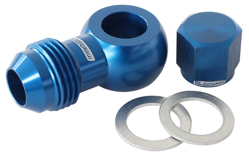 Aeroflow Performance -8AN, Includes Banjo Fitting & Cap Aeroflow 90° Fuel Pump Banjo Kit - Blue AF49-1035 SR