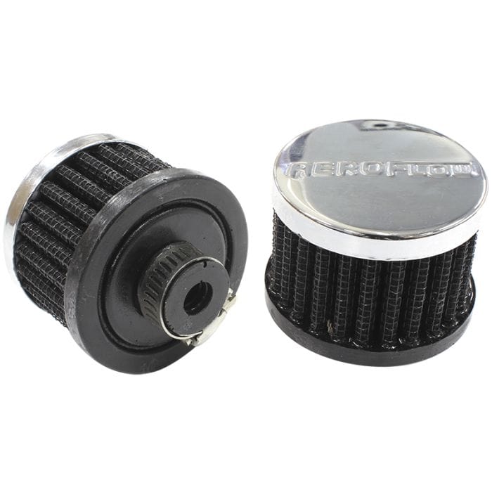 Aeroflow Performance Air Filters Chrome Push In Breather With Chrome Shield
3" (76.2mm) O.D. x 2-1/2" (63.5mm) High, 1" (25.4mm) Flange Inside Diameter SR