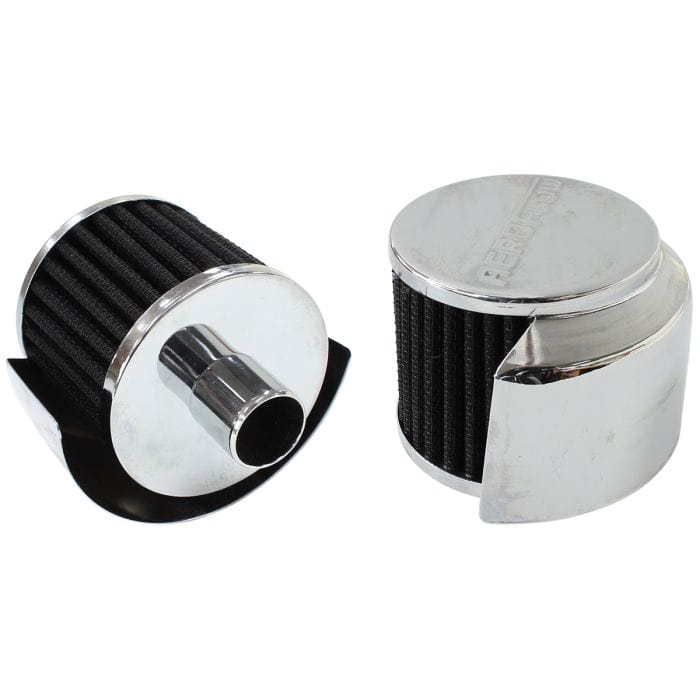 Aeroflow Performance Air Filters Chrome Push In Breather With Chrome Shield
3" (76.2mm) O.D. x 2-1/2" (63.5mm) High, 1" (25.4mm) Flange Inside Diameter SR