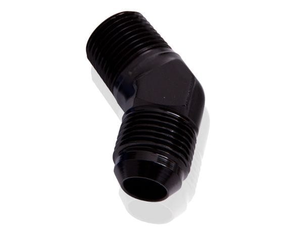 Aeroflow Performance Black Finish Aeroflow 45° NPT to Male Flare Adapter 1/2" to -8AN AF823-08-08BLK SR
