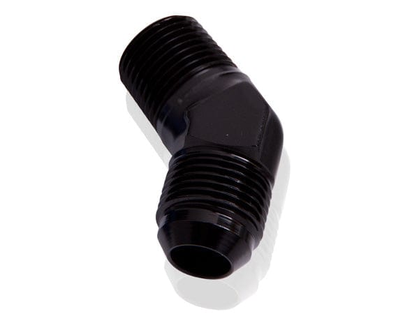Aeroflow Performance Black Finish Aeroflow 45° NPT to Male Flare Adapter 1/4" to -4AN AF823-04-04BLK SR