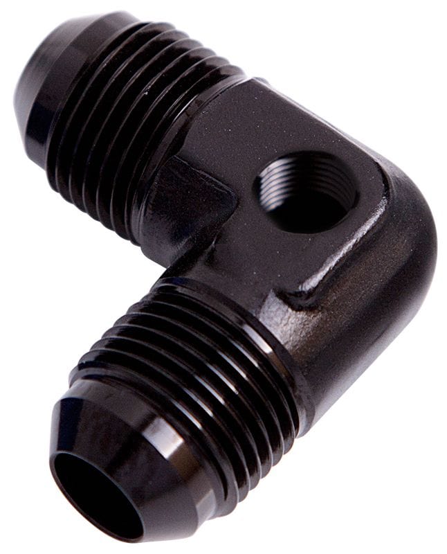 Aeroflow Performance Black Finish Aeroflow 90° Male Flare Union with 1/8" Port -6AN AF821-06PBLK SR