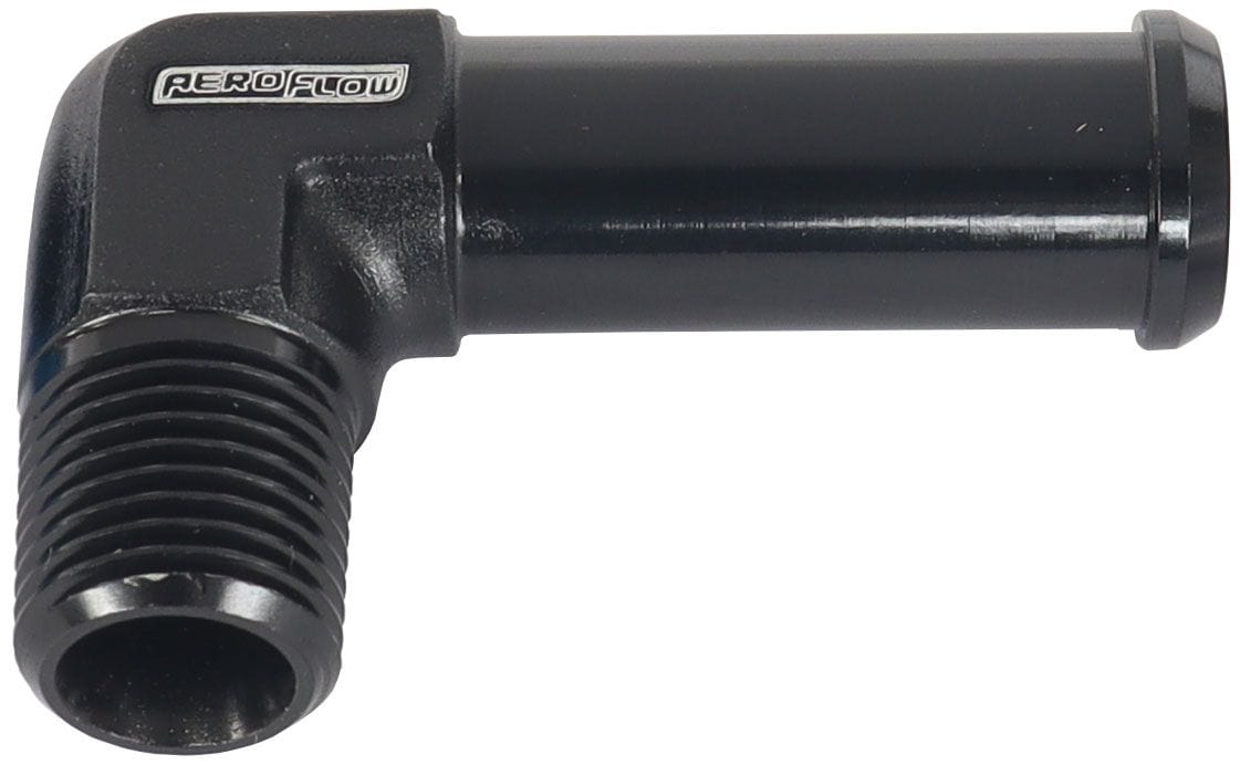 Aeroflow Performance Black Finish Aeroflow Male NPT to Barb 90° Adapter 1/8" to 3/8" AF842-02-06BLK SR