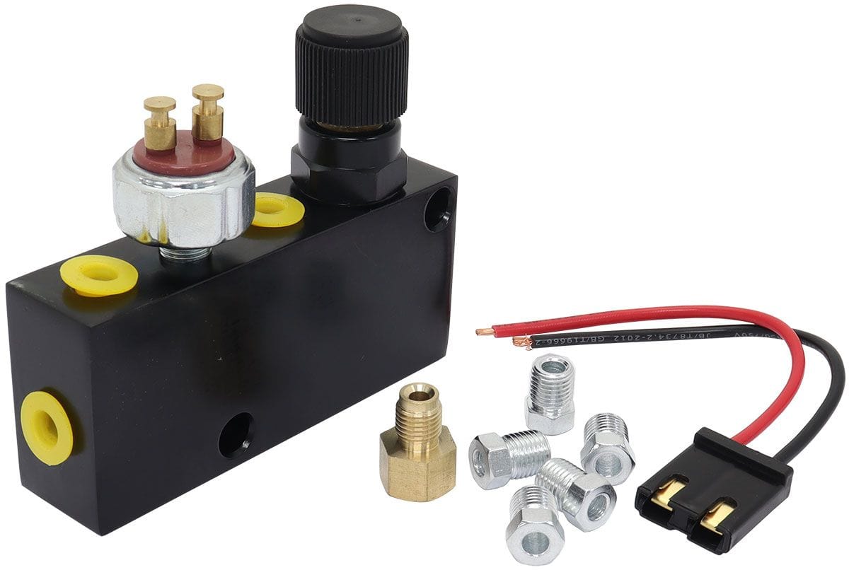 Aeroflow Performance Black Finish, Brake Light Switch and 3/16" Fittings Included. Aeroflow Brake Adjustable Proportioning Valve and Distribution Block AF300-146BLK SR
