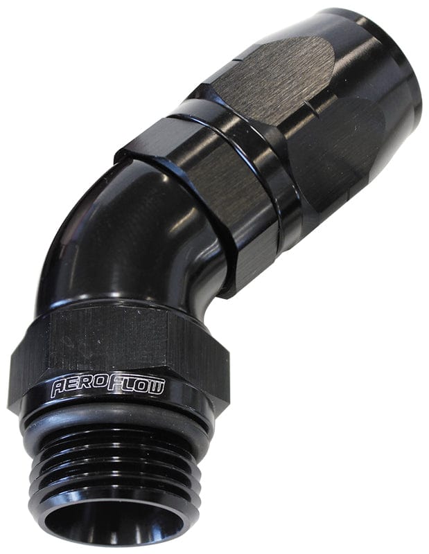 Aeroflow Performance Black Finish. Suits 100 & 450 Series Hose Aeroflow 45° Male ORB Full Flow Swivel Hose End -8 ORB to -8AN AF544-08-08BLK SR