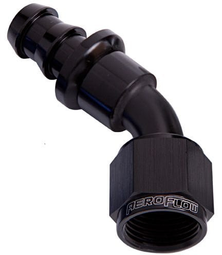 Aeroflow Performance Black Finish. Suits 400 & 500 Series Hose Aeroflow 400 Series Push Lock 45° Hose End -10AN AF402-10BLK SR