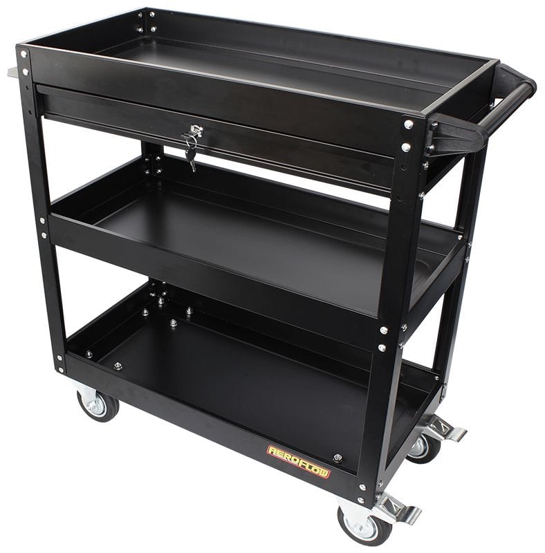 Aeroflow Performance Black Powder Coated Finish, Heavy Duty Wheels Aeroflow 3 Tier Workshop Trolley with Lockable Drawer AF98-2032 SR