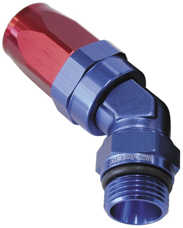 Aeroflow Performance Blue/Red Finish. Suit 100 & 450 Series Hose Aeroflow ORB Taper Swivel 45° Hose End -12 ORB to -10AN AF844-10-12 SR