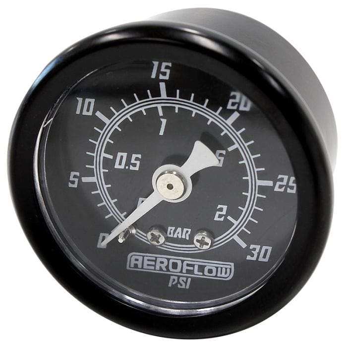 Aeroflow Performance Fuel Systems AF30-2210 1-1/2" 30 psi Pressure Gauge
Black Face, White Pointer, 1/8" NPT Male Thread SR