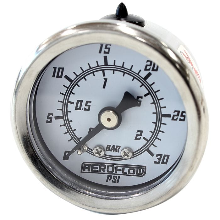 Aeroflow Performance Fuel Systems AF30-2211 1-1/2" 30 psi Pressure Gauge
White Face, Black Pointer, 1/8" NPT Male Thread SR